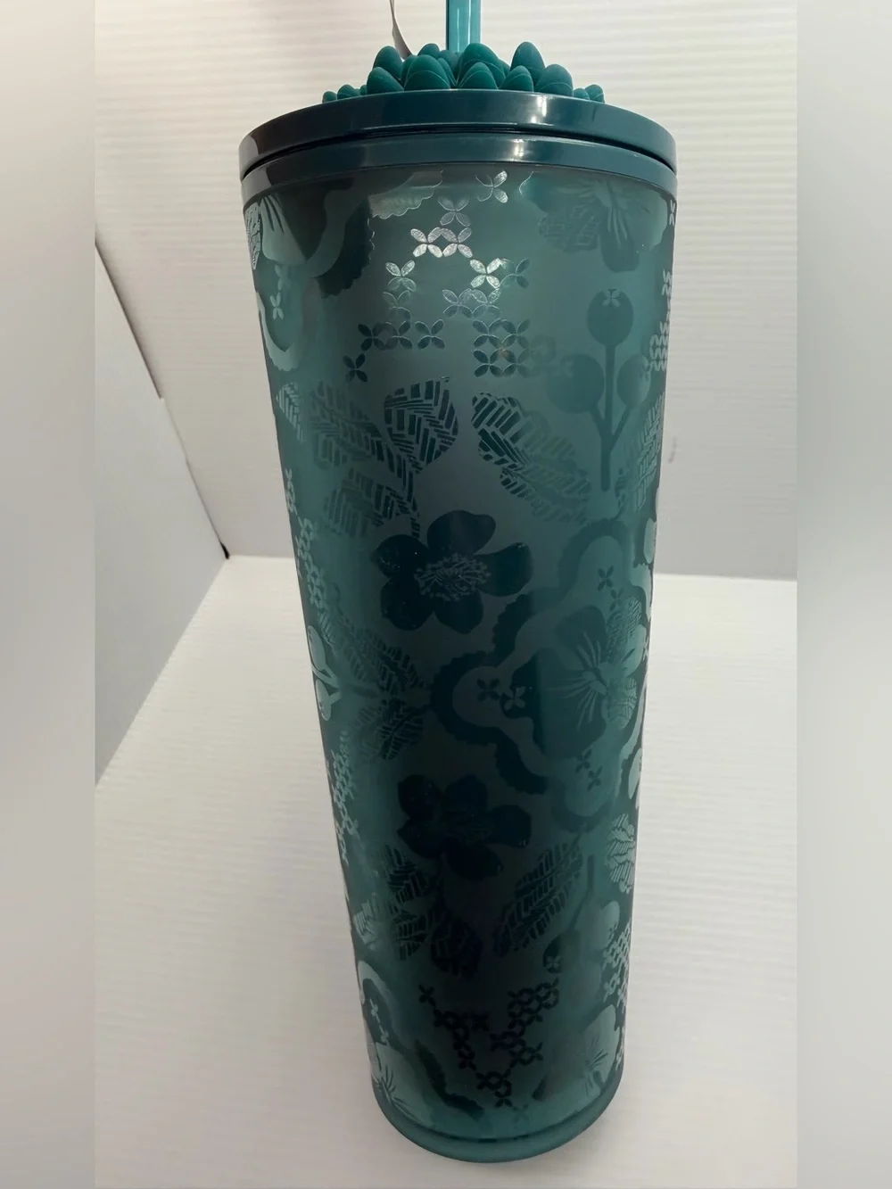 Starbucks Teal Floral Cold Cup Tumbler with Blooming Flower-Topped Straw